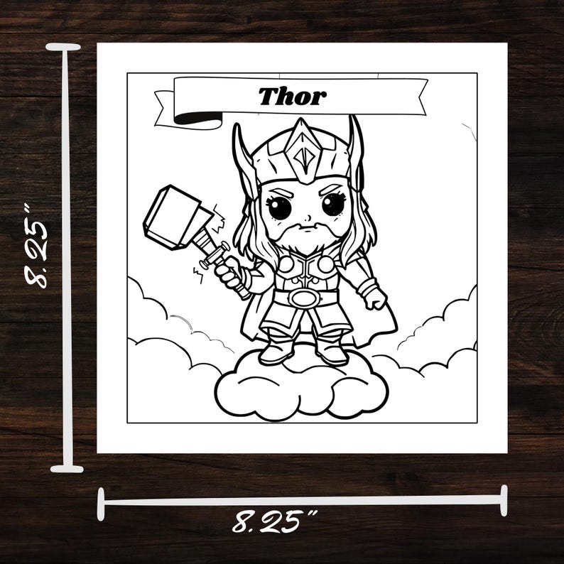 Chibi Thor on a cloud from Norse Mythology Chibi Coloring Book. Page size 8.25x8.25 inches. Bold lines, easy to color. Great for mythology enthusiasts and chibi art fans."