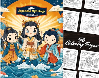 Libro para colorear de mitología japonesa: 50 adorables páginas de arte chibi de dioses, diosas y criaturas míticas del arte japonés, impresión de arte kawaii