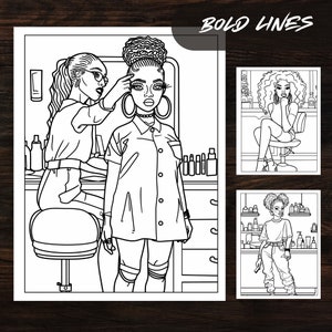 Bold line illustrations of Afro American women in a hair salon from the Black Woman Beauty Edition Coloring Book. High-quality, printable coloring pages suitable for all ages and skill levels, available as a digital download.