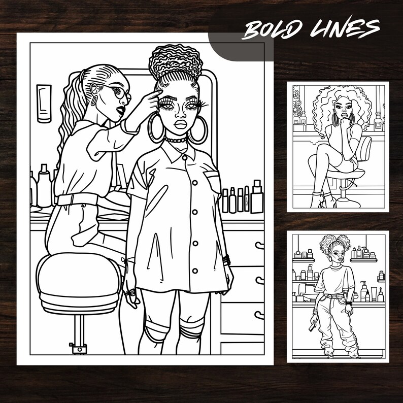 Bold line illustrations of Afro American women in a hair salon from the Black Woman Beauty Edition Coloring Book. High-quality, printable coloring pages suitable for all ages and skill levels, available as a digital download.