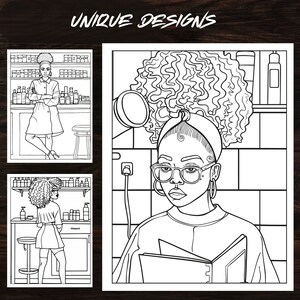 Unique design pages from the Black Woman Beauty Edition Coloring Book, featuring Afro American women in a hair salon. Perfect for art supplies and printable coloring, this PDF file is an instant download for creative fun.