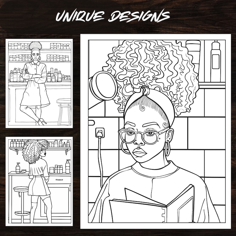 Unique design pages from the Black Woman Beauty Edition Coloring Book, featuring Afro American women in a hair salon. Perfect for art supplies and printable coloring, this PDF file is an instant download for creative fun.