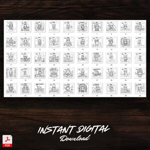 Overview of all 50 pages from Norse Mythology Chibi Coloring Book. Grid layout showing various Norse mythology characters. Instant digital download in PDF format.