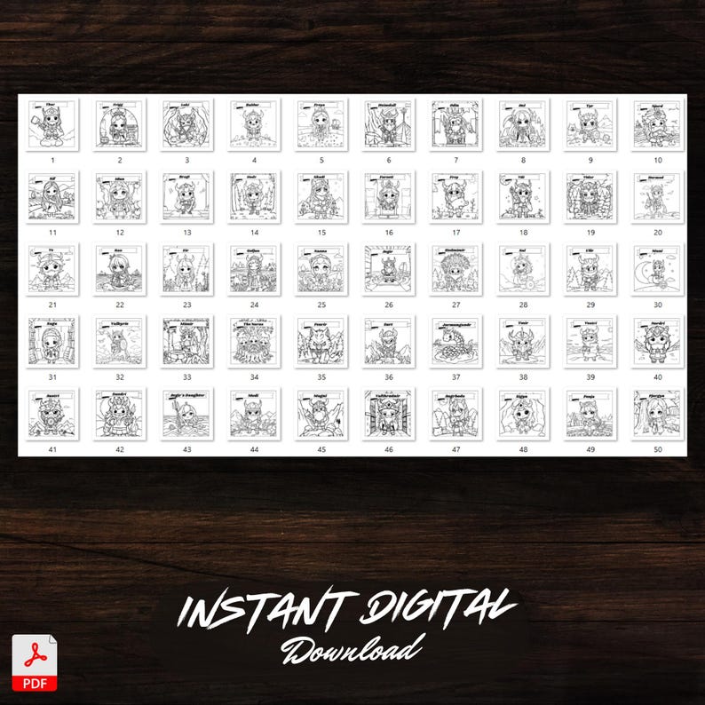 Overview of all 50 pages from Norse Mythology Chibi Coloring Book. Grid layout showing various Norse mythology characters. Instant digital download in PDF format.