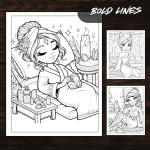 Close-up of a coloring page from the Spa Day Girls Coloring Book with bold lines. The image shows a girl relaxing with spa treatments, ideal for stress relief and printable coloring fun.