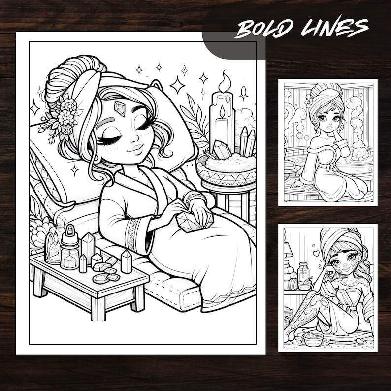 Close-up of a coloring page from the Spa Day Girls Coloring Book with bold lines. The image shows a girl relaxing with spa treatments, ideal for stress relief and printable coloring fun.