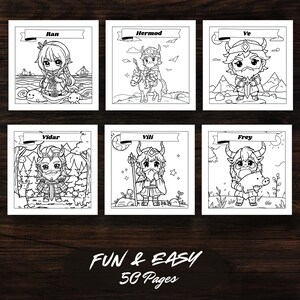 Sample coloring pages from Norse Mythology Chibi Coloring Book. Features chibi versions of Ran, Hermod, Ve, Vidar, Vili, and Frey. Fun and easy designs suitable for all ages, set on a wooden background.