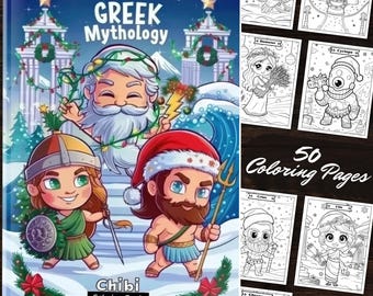 Libro para colorear de mitología griega (edición navideña): 50 páginas para colorear en PDF. Monte Olimpo. Arte de la mitología griega antigua, arte lineal para colorear de fantasía.