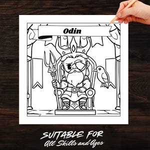 Chibi Odin coloring page from Norse Mythology Chibi Coloring Book. Odin sits on a throne with his spear and raven. The text highlights Suitable for All Skills and Ages. Ideal for mythology fans and beginners in coloring.