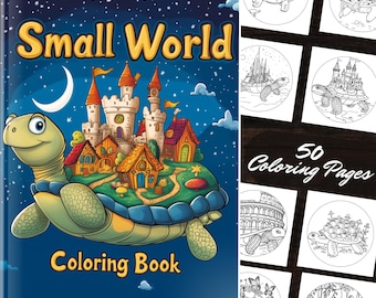 Small World Målarbok: 50 Fantasy Målarbilder av Havssköldpaddor som Bär Världar, Söt Målarbok för Stresslindring, Omedelbar Nedladdning
