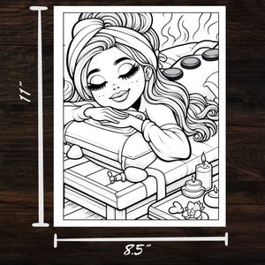Illustration showing the dimensions of the coloring pages in the Spa Day Girls Coloring Book. Each page measures 8.5 x 11 inches, perfect for standard printing and digital download.