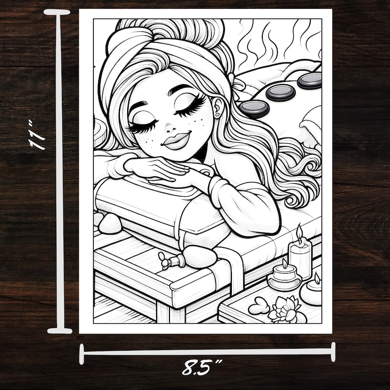 Illustration showing the dimensions of the coloring pages in the Spa Day Girls Coloring Book. Each page measures 8.5 x 11 inches, perfect for standard printing and digital download.
