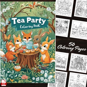 Op de afbeelding: Een kleurboek met de titel "Tea Party Coloring Book" met een groep vossen en een konijn die thee drinken op een boomstronk. Het boek bevat 50 kleurplaten.