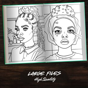 Large, high-quality files of detailed beauty illustrations in the Black Woman Beauty Edition Coloring Book. Each page is designed for adults and kids to enjoy coloring Afro American beauty scenes, available as a digital book.