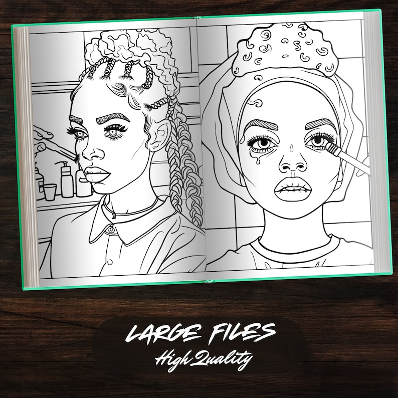 Large, high-quality files of detailed beauty illustrations in the Black Woman Beauty Edition Coloring Book. Each page is designed for adults and kids to enjoy coloring Afro American beauty scenes, available as a digital book.