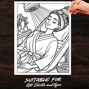 Close-up of a hand coloring a page from the Spa Day Girls Coloring Book. The image shows a girl relaxing in a spa treatment, ideal for self-care and stress relief activities.