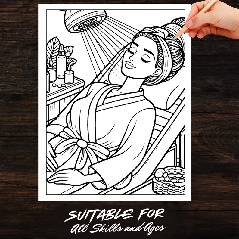 Close-up of a hand coloring a page from the Spa Day Girls Coloring Book. The image shows a girl relaxing in a spa treatment, ideal for self-care and stress relief activities.