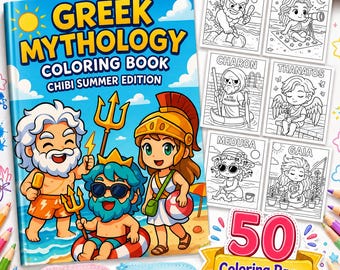 Greek Mythology Summer Edition: 50 Chibi Pages Fantasy Coloring Greek Gods, Adult coloring, Kids Activity Printable Fun, Digital Download