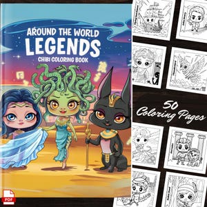 Puede incluir: Una portada de libro para colorear con una ilustración colorida de tres criaturas míticas: Medusa, una criatura felina con un collar dorado y una mujer con el pelo largo y azul. El título del libro es "Around the World Legends: Chibi Coloring Book" y la portada indica que incluye 50 páginas para colorear.