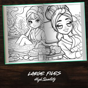 Open view of the Spa Day Girls Coloring Book showing two pages with detailed spa scenes. Perfect for stress relief and meditation coloring, this digital download PDF file is suitable for all ages.