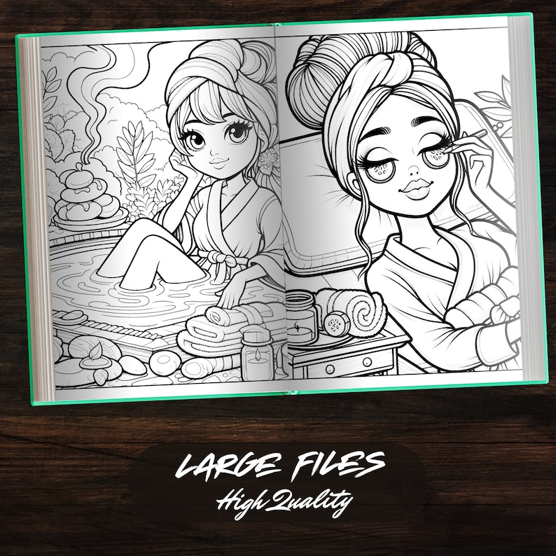 Open view of the Spa Day Girls Coloring Book showing two pages with detailed spa scenes. Perfect for stress relief and meditation coloring, this digital download PDF file is suitable for all ages.