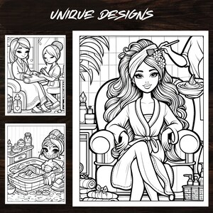 Three unique designs from the Spa Day Girls Coloring Book. Girls enjoying spa treatments, making it a great pampering gift. Printable coloring pages in high-quality PDF format.