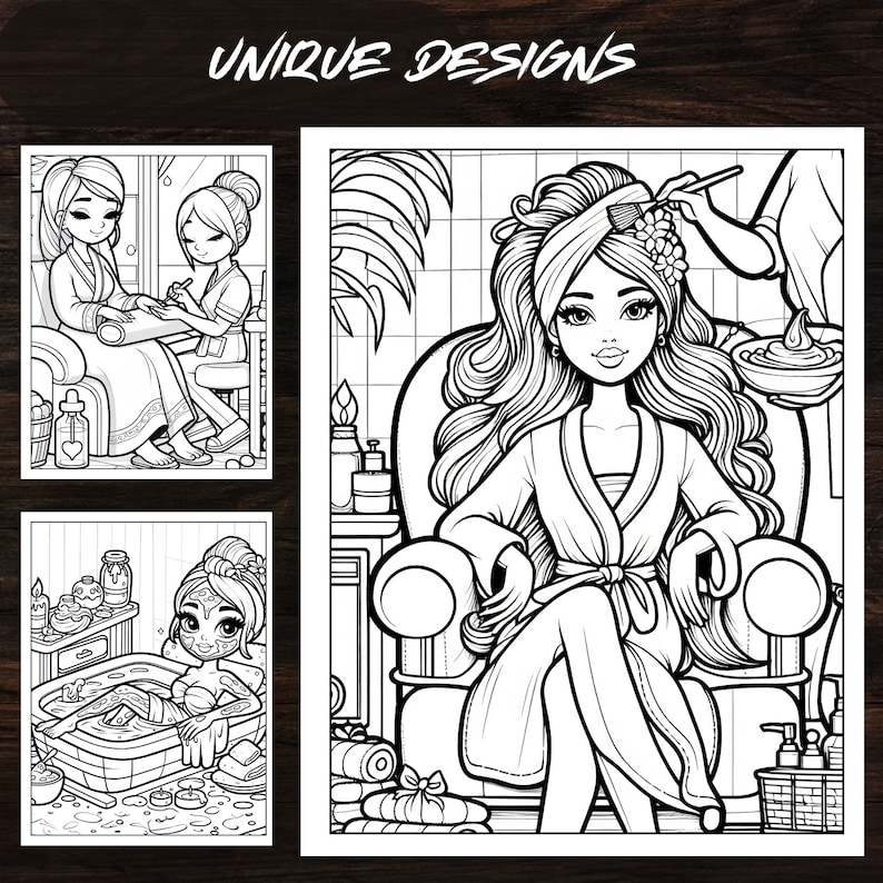 Three unique designs from the Spa Day Girls Coloring Book. Girls enjoying spa treatments, making it a great pampering gift. Printable coloring pages in high-quality PDF format.
