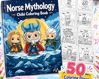 Norse Mythology Chibi Art Cute Coloring Book: 50 Line Art Coloring Pages of Viking Gods, Instant Download Printable Coloring Viking Gift