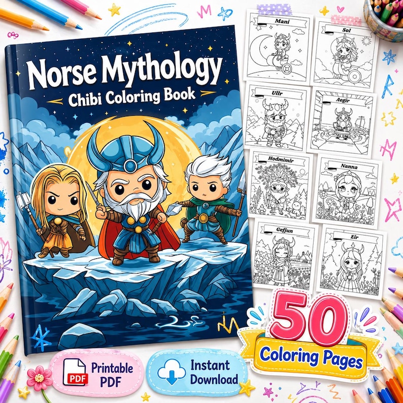 Norse mythology coloring book with 50 chibi printable pages of Viking gods, goddesses and legends, cute kawaii Norse coloring pages for kids, mythology activity PDF instant digital download for teens.