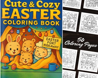 Cute & Cozy Easter Coloring Book: 50 Easter Rabbit Coloring Pages, Easy Printable Coloring Sheets,Fun Easter Activity, Instant Download PDF
