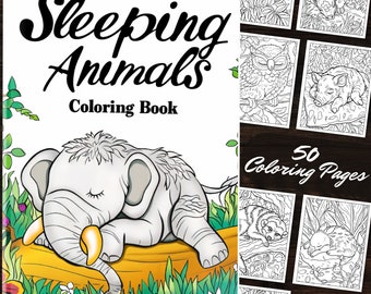 May include: A coloring book cover featuring a sleeping elephant with the title "Sleeping Animals Coloring Book" and a sample page showing a sleeping raccoon. The cover also states "50 Coloring Pages".
