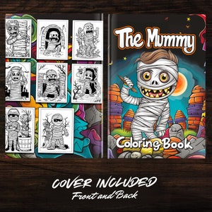 Cover and back of The Mummy Fun Coloring Book showcasing vibrant and detailed artwork. This coloring book offers 50 unique mummy-themed pages, ideal for fantasy coloring and creative arts and crafts.