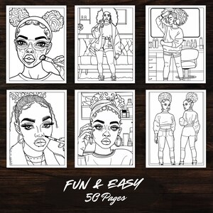 A collection of six unique beauty illustrations from the Black Woman Beauty Edition Coloring Book. Each page showcases Afro American women in various hair salon scenes, ideal for printable coloring and instant download.