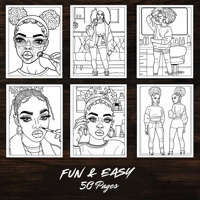 A collection of six unique beauty illustrations from the Black Woman Beauty Edition Coloring Book. Each page showcases Afro American women in various hair salon scenes, ideal for printable coloring and instant download.
