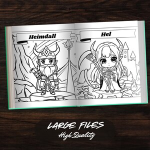 Heimdall and Hel in chibi style from Norse Mythology Chibi Coloring Book. Large files, high quality. Designed for detailed coloring, appealing to fans of Norse myths and chibi art.