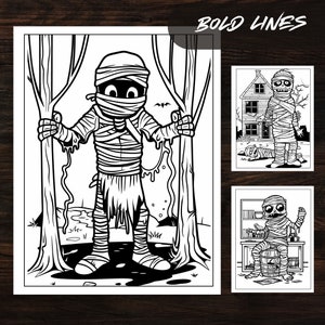 Close-up of The Mummy Fun Coloring Book highlighting three detailed mummy coloring pages with bold lines. These pages are designed for easy coloring, suitable for all ages, and perfect for instant digital download
