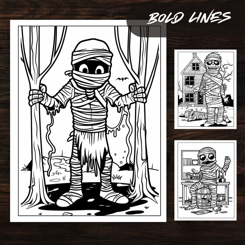 Close-up of The Mummy Fun Coloring Book highlighting three detailed mummy coloring pages with bold lines. These pages are designed for easy coloring, suitable for all ages, and perfect for instant digital download