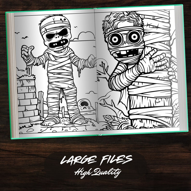 Open book view of The Mummy Fun Coloring Book displaying high-quality, large-file coloring pages. Ideal for both kids and adults, these printable pages offer detailed designs for endless creative fun.