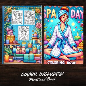 Front and back cover of the Spa Day Girls Coloring Book featuring colorful spa scenes and sample pages. A digital download PDF file with 50 printable coloring pages for stress relief.