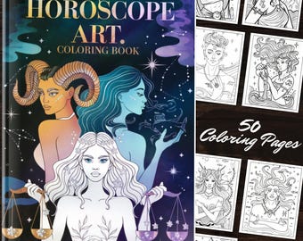 Libro da colorare con l'oroscopo: 50 segni zodiacali da stampare a casa, pagine da colorare per alleviare lo stress, regali di astrologia, download istantaneo di file PDF fai da te.