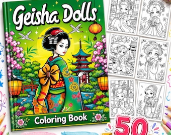 Geisha-poppen kleurboek: 50 schattige chibi anime kawaii Japanse kunst kleurplaten, leuk voor kinderen, PDF-bestanden, printen thuis, knutselspullen