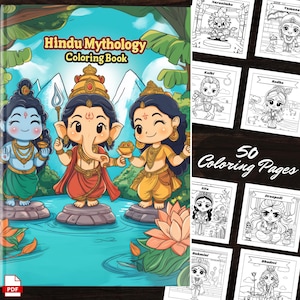 Hindu Mythology Coloring Book: 50 Chibi Style Pages of Hindu Gods & Legends, Line Art for All Ages, Printable Coloring Page Fun with Names
