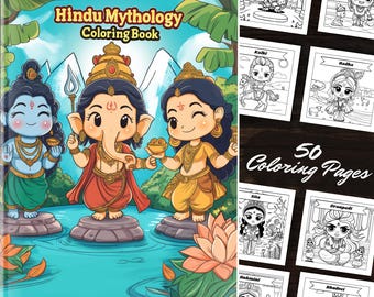 Libro para colorear de mitología hindú: 50 páginas estilo chibi de dioses y leyendas hindúes, arte lineal para todas las edades, páginas para colorear imprimibles y divertidas con nombres