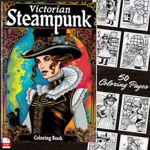 Victorian Steampunk Coloring Book: 50 Fun Gear Steampunk Coloring Pages as Line Art Instant Download DIY Coloring Sheets For Kids & Adults