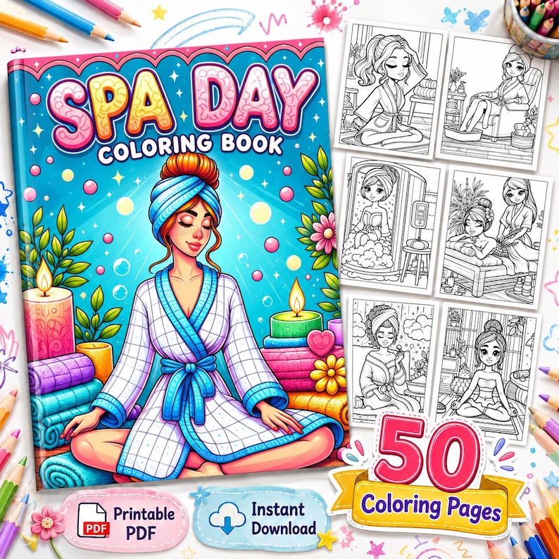 Spa day coloring book with 50 printable self care coloring pages featuring facials, massage, pedicure and relaxing wellness scenes, cozy spa coloring pages for women and teens PDF instant download HD.