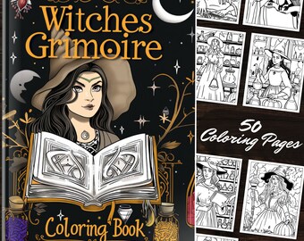 Libro para colorear Grimorio de brujas: 50 hojas para colorear imprimibles de brujas Página del libro de fantasía de las sombras Descarga instantánea PDF Inicio imprimible