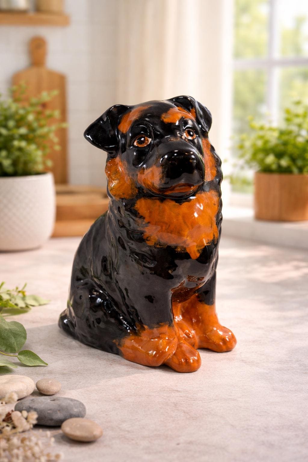 Vintage Hand Painted Ceramic Glazed Black Rottweiler Dog Figurine