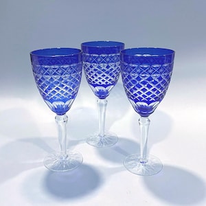 Bohemian Cobalt Blue Cut to Clear Wine Glasses - Czech Art Glass Set of 3