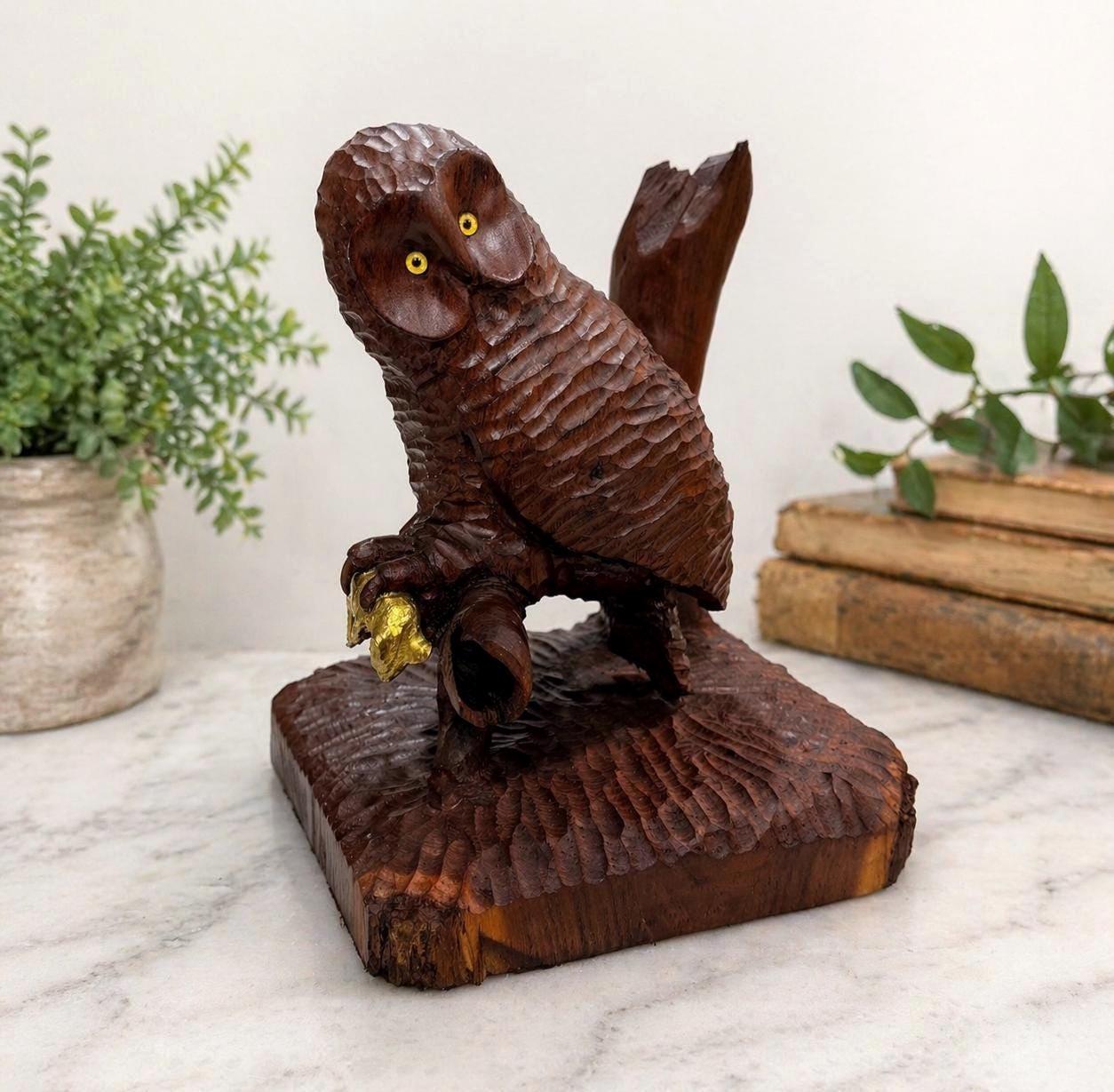 Vintage Hand Carved Wooden Owl Sculpture Signed 1981, Folk Art Wood Carving