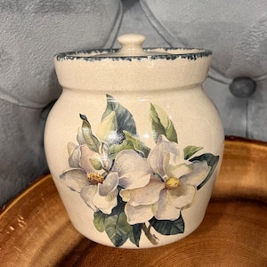 Vintage Floral Stoneware Sugar Bowl with Lid, Handmade USA